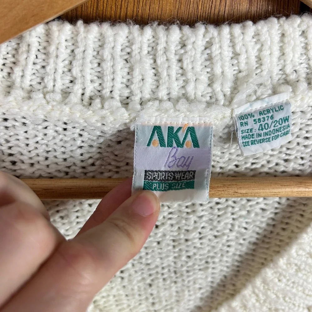 Vintage AKA Bay Cream Knit V-Neck Button Sweater Plus Size 20W Staple Piece‎